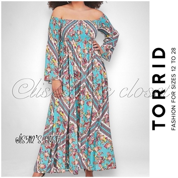 Torrid Turquoise Floral Scarf Print Smocked Maxi Dress 1X 14 16 - Picture 1 of 15